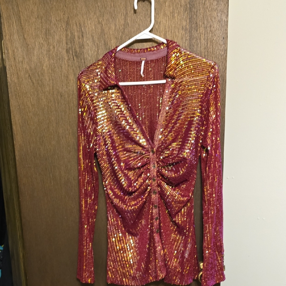 Free People Pink and Gold Sequin Blouse
